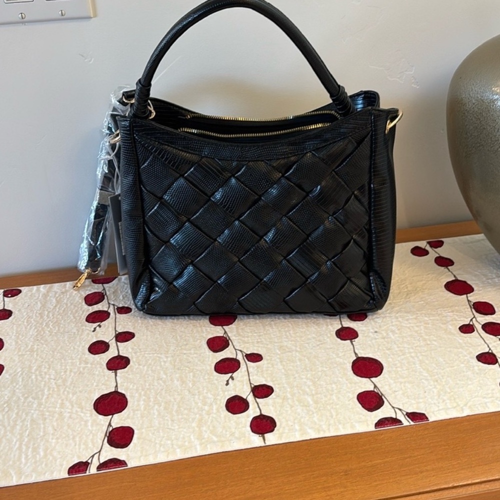 NWT Like Dreams Kathy Woven Satchel – Black Vegan Leather & Gold Glam